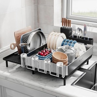  Large Dish Drying Rack, Expandable Dish Racks for Kitchen Black + Silver