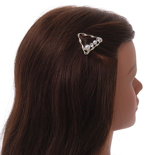 Gold Tone White Glass Pearl Bead Clear Crystal Open Triangular Hair Slide/ Grip - Picture 2 of 4