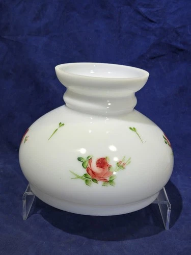 Vtg 7" Milk Glass Student Lamp Shade Hand Painted Red Roses 2" Chimney Opening