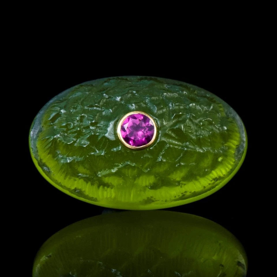 6,13 g tallado loto verde calcedonia cabujón e incrustación de piedras preciosas de rodolita 26x16 mm Foto 3 de 4