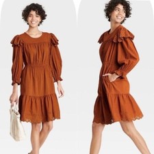 Universal Thread Rust Colored Cotton Lace Ruffle Long Sleeve Boho Dress - Small