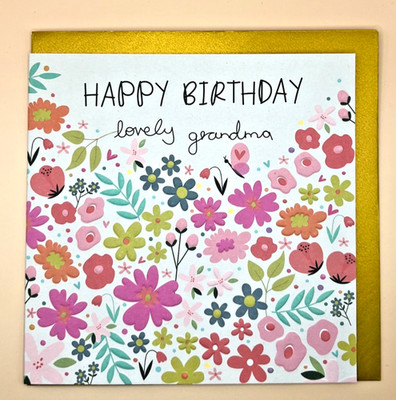 Premium Bauchnabel Oma Geburtstagskarte - Blumenmuster mit goldenem Umschlag