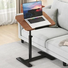 Solid Wood C Shaped Side Table Adjustable Height with Hidden Wheels, 360°Swiv...