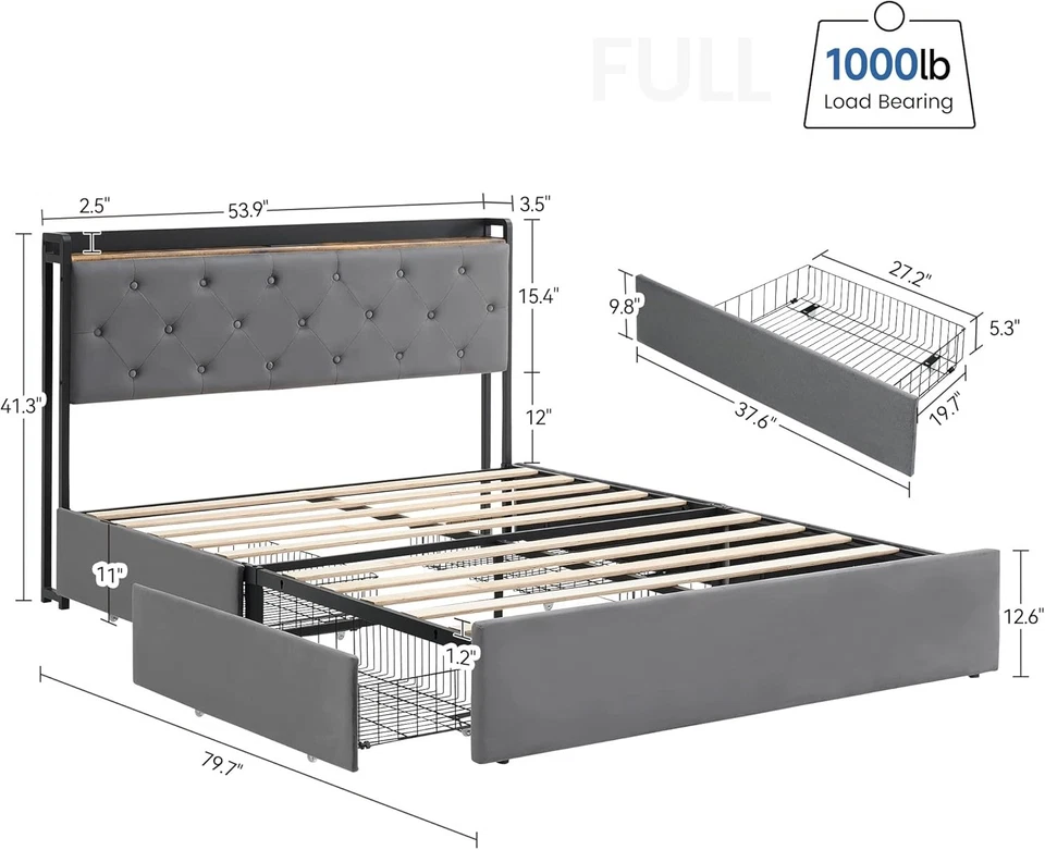 Queen Bed Frame with 4 Storage Drawers & Charging Station Upholstered Bed Frame - Image 3 of 4