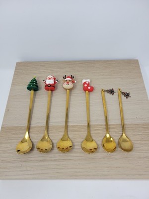 Stainless Steel Gold Christmas Tree  Santa Reindeer Stocking Cofee Tea Spoon Set