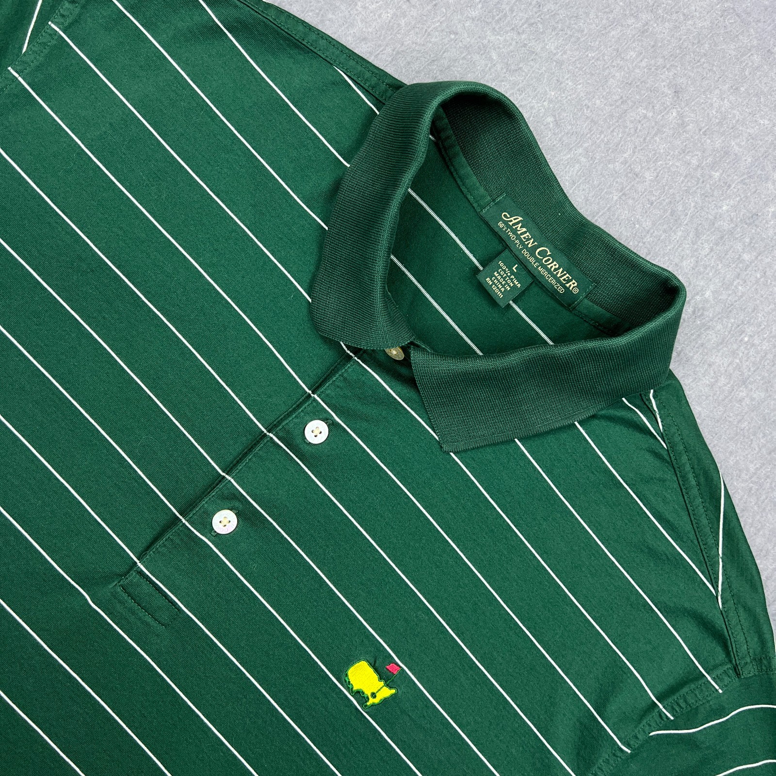 Masters Polo Mens Large Green Striped Pima Golf Shirt Amen Corner Mercerized Ply