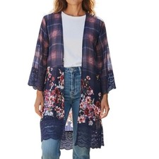 Xhilaration Kimono Sz M/L Blue Pattern Lace Trim on Sleeves Hem EUC