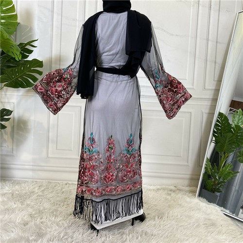 Embroidery Open Abaya Long Sleeve Cardigan Mesh Women Muslim Kimono Kaftan Arab - Picture 7 of 66