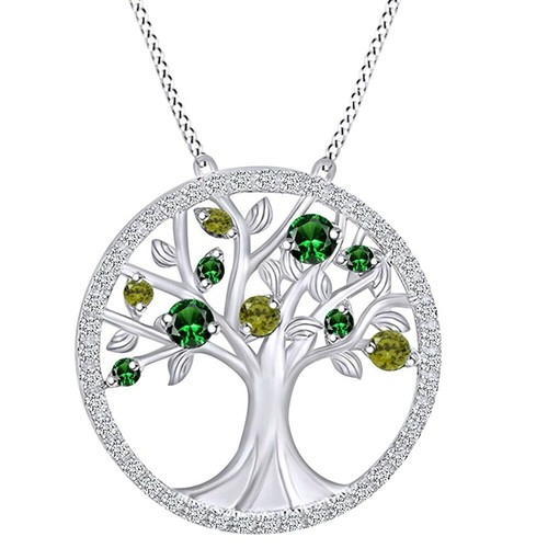 0.75 Ct Simulated Emerald-Peridot Tree of Life Pendant 14K White Gold Plated - Picture 4 of 6
