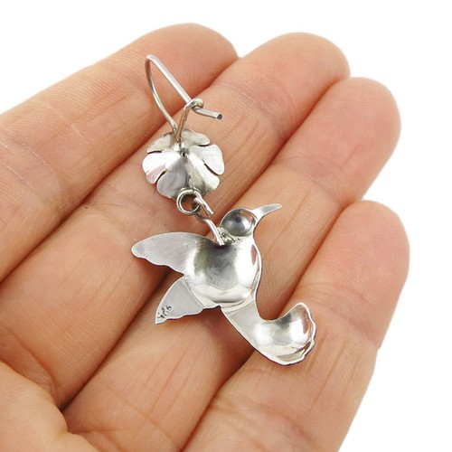 925 Sterling Silver Taxco Hummingbird Earrings Long Bird and Flower Drops - Picture 5 of 5