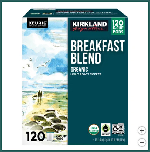 Kirkland Organic Breakfast Blend K-Cup Pods - 120 Count Light Roast Coffee