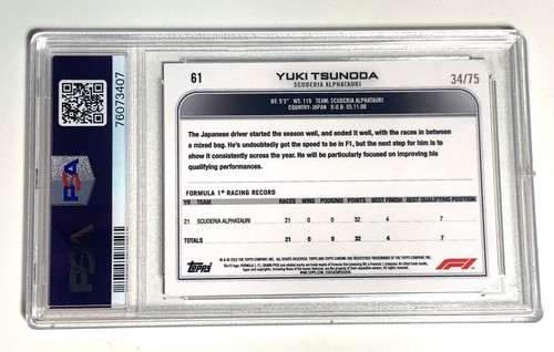 2022 Topps Chrome F1 Yuki Tsunoda Pink Raywave Refractor /75 PSA 9 Mint - Bild 3 von 3