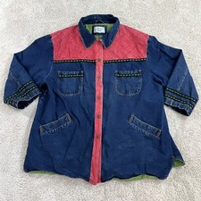 Elan Womens Denim Jacket 2xl Blue Red Green Jean Coat Vintage Button Front Lined