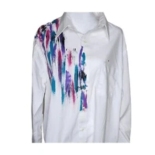 Vintage 80s Button Down Shirt Womens Size L White Purple Abstract Painted