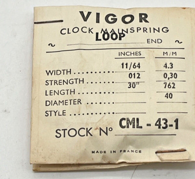 NOS Clock Mainspring CML-43.1,  11/64'' x .012'' x 30''  Loop End  (CM44)