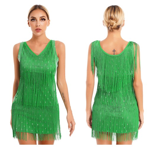 Womens Vintage Tassel Flapper Dress Sleeveless V-Neck Latin Salsa Dance Dress - Imagen 28 de 58
