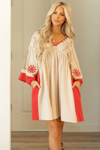 Veveret Embroidered Mini V-Neck Dress Women’s Mini Dress Boho Babydoll NWT Small - Picture 3 of 21