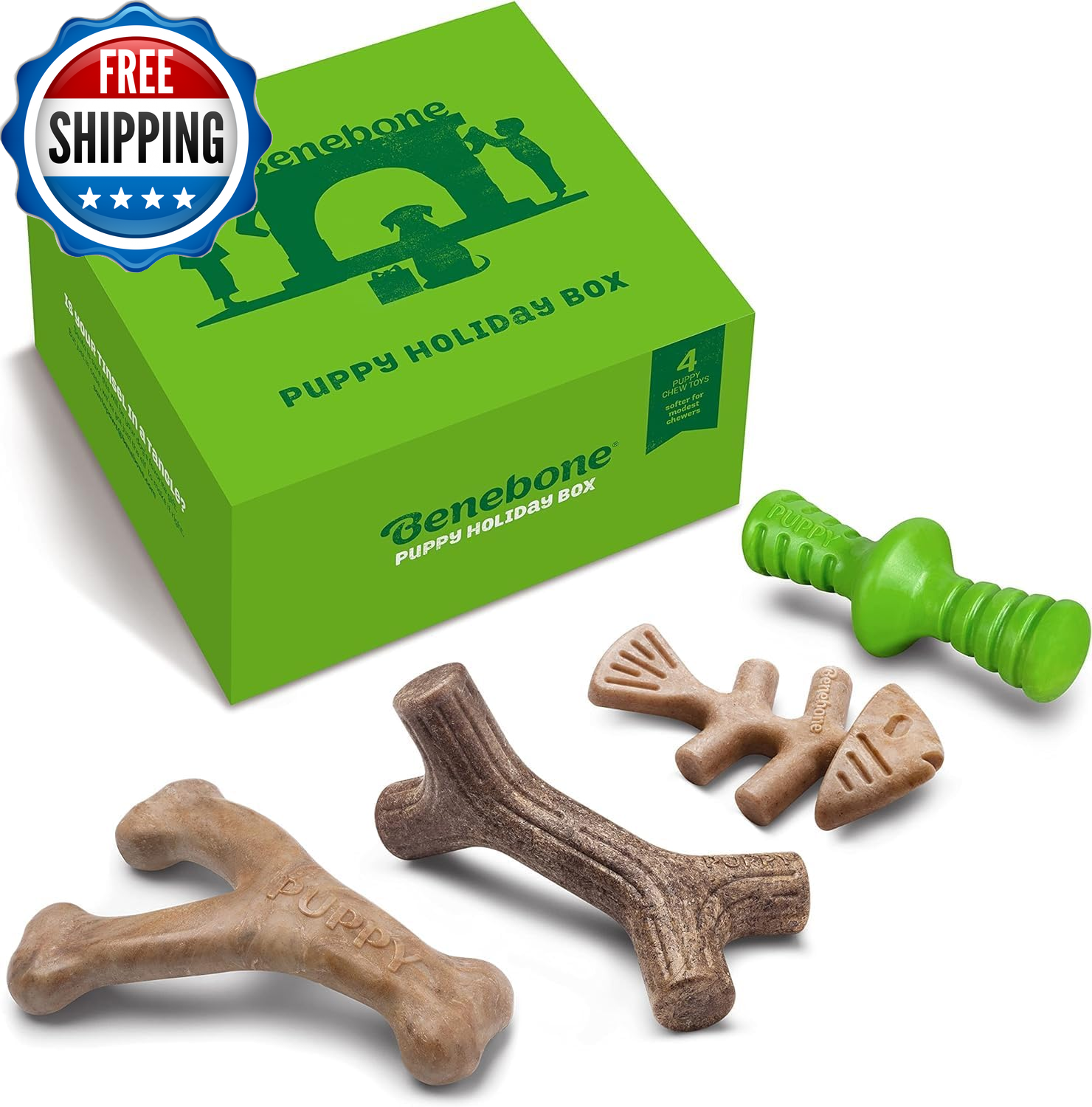 Puppy Holiday 4-Pack Dog Chew Toys, Made in USA, 30Lbs and Under, for Modest Che