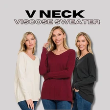 Women's V Neck Viscose Nylon Soft Medium Weight Sweater Center Seam Detail
