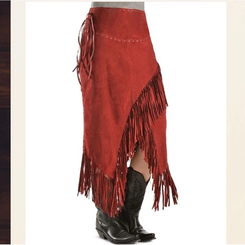 Scully Red Suede Fringe Western Cowgirl Midi Skirt M - Image 2 of 4