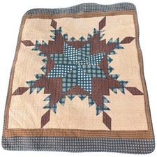 Handmade Primitive Star Patchwork Quilt Brown Blue Farmhouse Lap Throw 48x58
