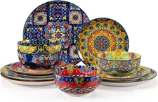 Ceramic Dinnerware Sets for 4,12 Pieces Boho Plates and Bowls for Kitchen,Housew