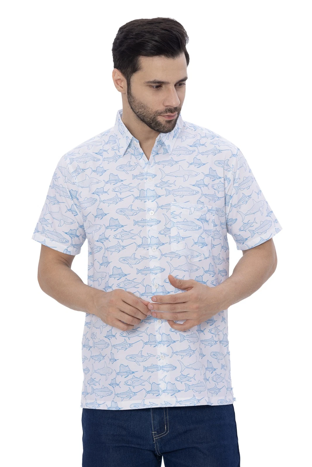 HAPPY BAY Men's Hawaiian Short Sleeve Button Down Shirts L Dolphin, White