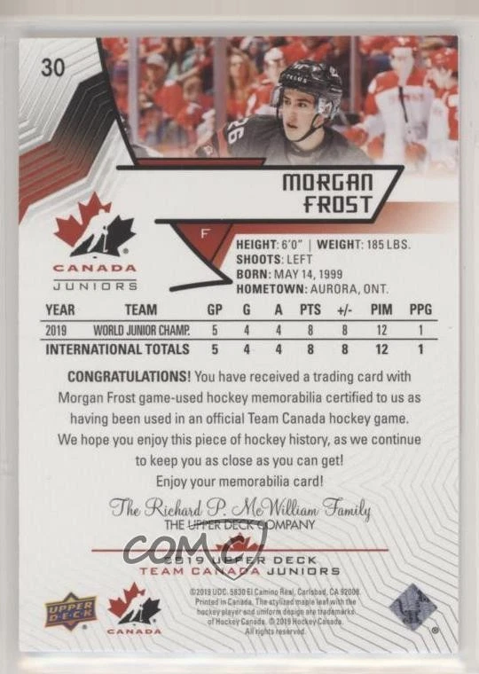 2019 Upper Deck Team Canada Juniors Jersey Morgan Frost #30 Rookie RC - Image 2 of 2