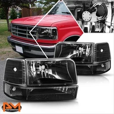 For 92-96 Ford F150/F250/F350 Black Housing Headlight Clear Corner Signal Lamps