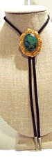 Vintage Green Stone Bolo Tie Slide Unique Gold Tone Brown Neck Rope Chrome Tips