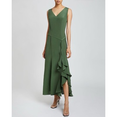 Santorelli Emerson Silk V-Neck Midi Dress with Side Ruffle in Moss Size 4