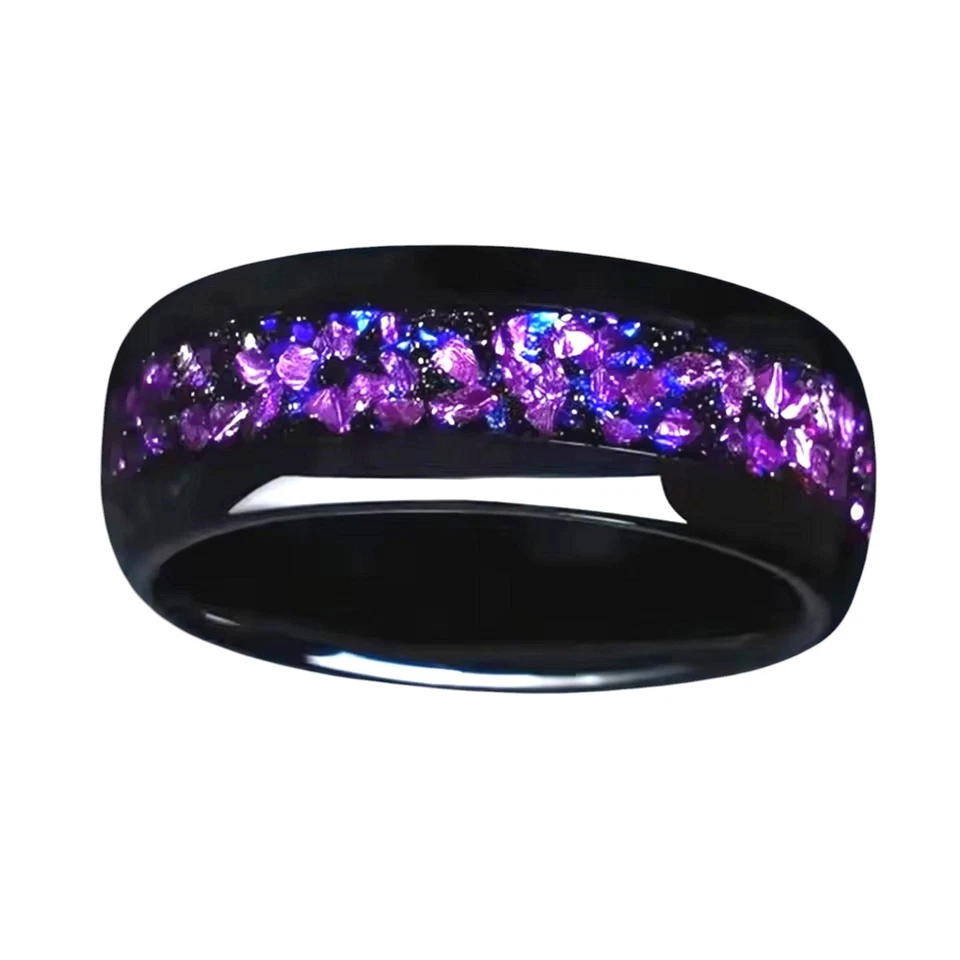 Anillo de boda sintético de tanzanita negro de acero inoxidable púrpura para hombre y mujer Foto 3 de 4