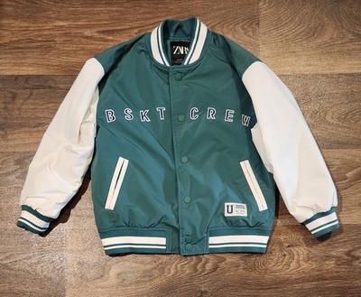 Zara Kids Varsity Bomber Jacket  Green White SKT CREW Retro Size 6-7
