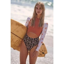 New Free People by Rhythm Long Sleeve Full One-Piece $120 SMALL Peach Floral