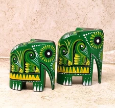 Hand Painted Wooden Elephant Figurine Set Of 2 Green Folk Art