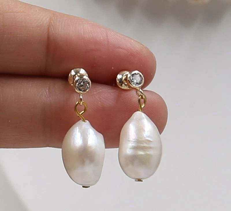 12-13 mm White Keshi Baroque Pearl Earrings  18KGP - Picture 1 of 7