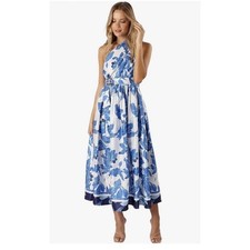 Petal And Pup Naomi One Shoulder Midi Belted Dress Blue Floral NEW 6 Medium