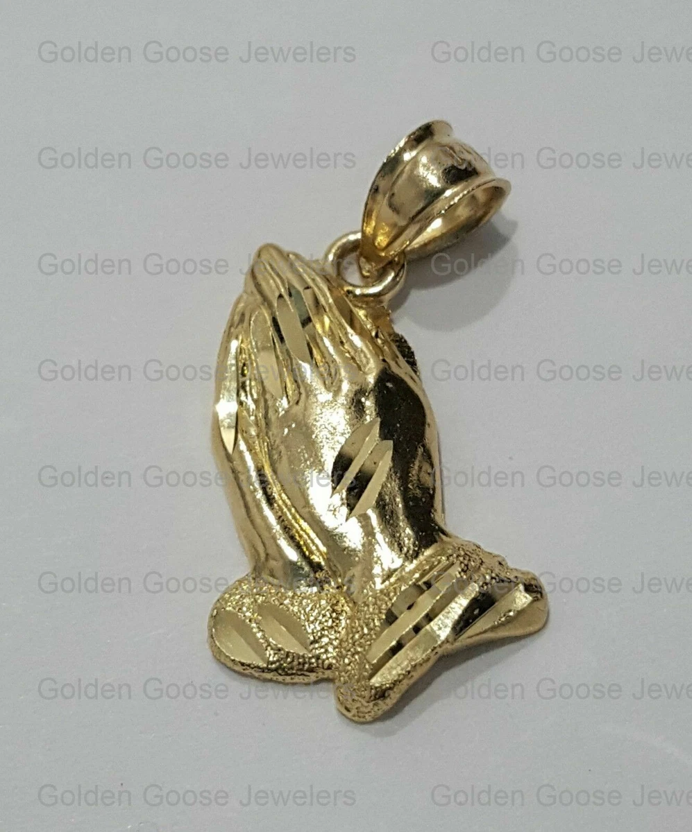 14K Real Yellow Gold Praying Hands Hand Religious Pendant Charm Jesus