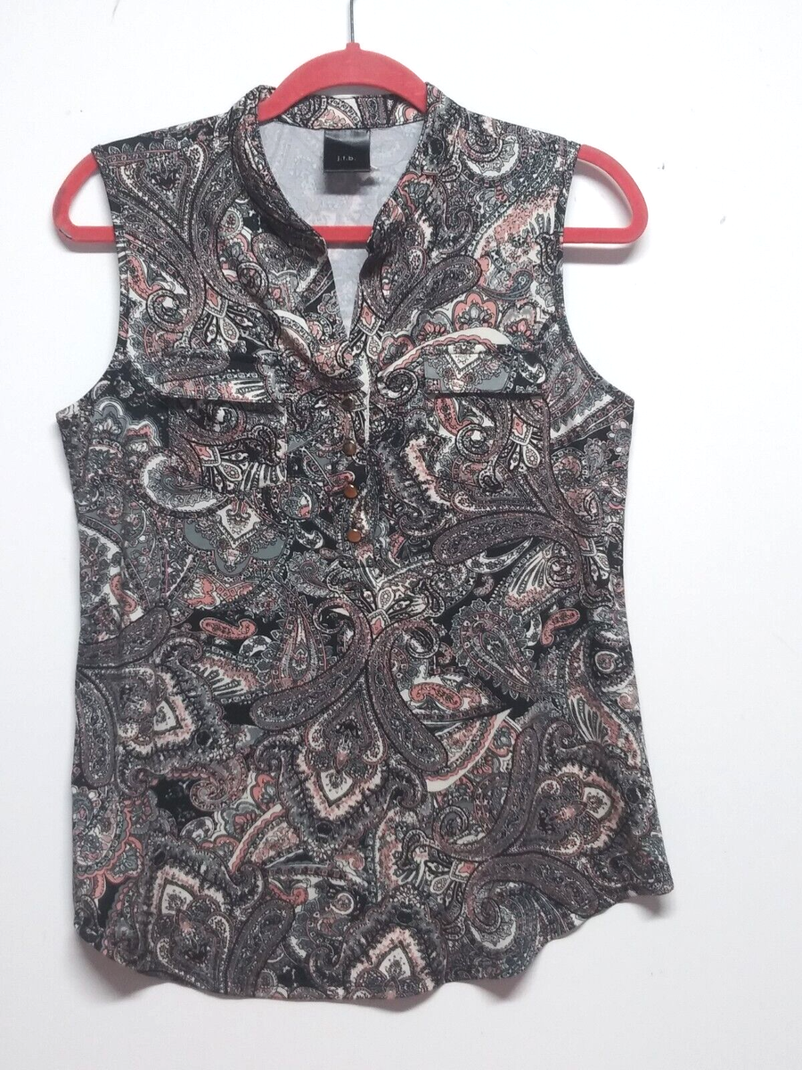 VTG J.T.B. Paisley Top Sz S Black pink beige Sleeveless