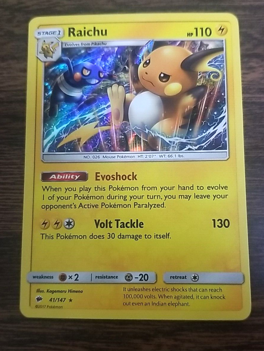 RAICHU 41/147 2017 Pokmon TCG Burning Shadows, HP 110, VOLT TACKLE 130