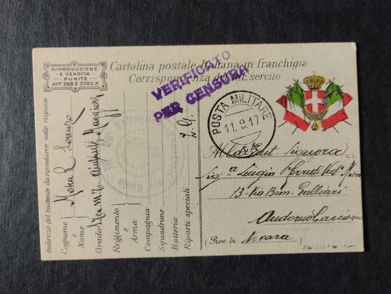 Timbro Posta Militare N. 44 WW1 11-9-1917 20° Div. Zappatori Vermegliano WY678