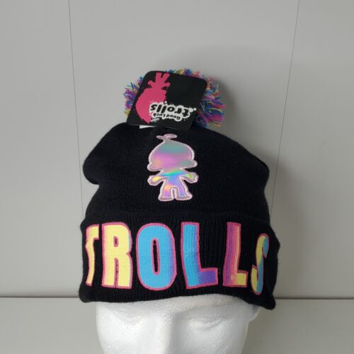 Troll Beanie Knit Hat Skullcap w/ Pom Pom Black Multi-Color NEW Trolls Winter - Picture 1 of 10