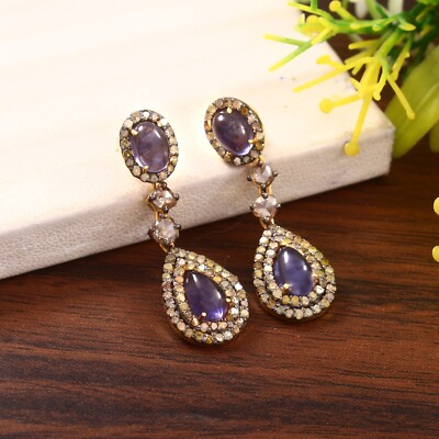 Natural Tanzanite Gemstone Polki Pave Diamond Dangle Drop Woman