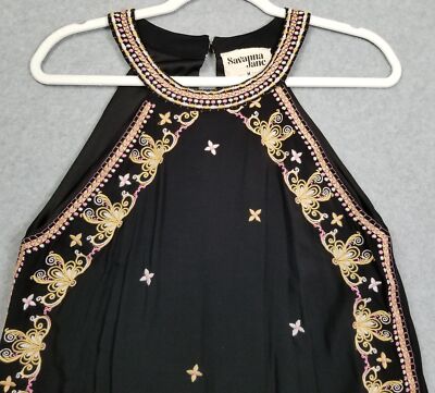 Savanna Jane Dress Women's Medium Black Floral Embroidery Boho Sleeveless  Halter | eBay