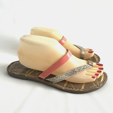 Sam Libby Karina Women Size 9.5 M Leather Tan Coral Pink Toe Straps Flat Sandals
