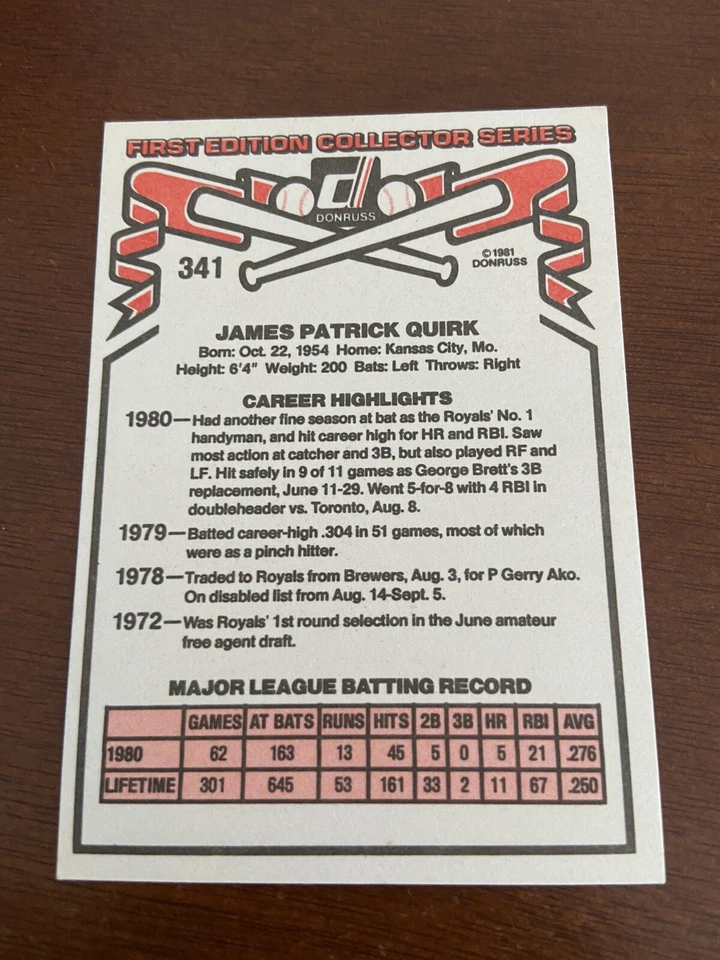 1981 Donruss #341 Jamie Quirk Autographed Kansas City Royals Baseball card - Image 2 of 2