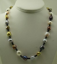 Freshwater Multicolor Pearl  Black Spinel Necklace with Sterling Silver Clasp