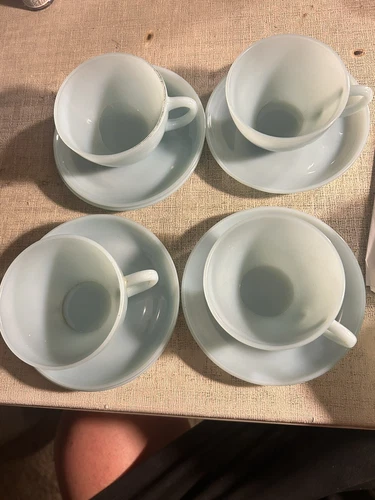 FIRE KING  Turquoise Blue Delphite Tea Cups & SAUCERS