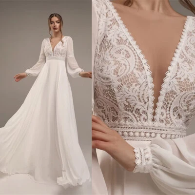 Brautkleid Boho Hochzeitskleid V-Ausschnitt Langarm Weiß Ivory 38 40 42 44 - Bild 1 von 4