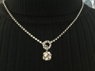 Vintage Rhinestones Crystal Choker Disco Ball Slide Pendant Necklace Y Drop 19 
